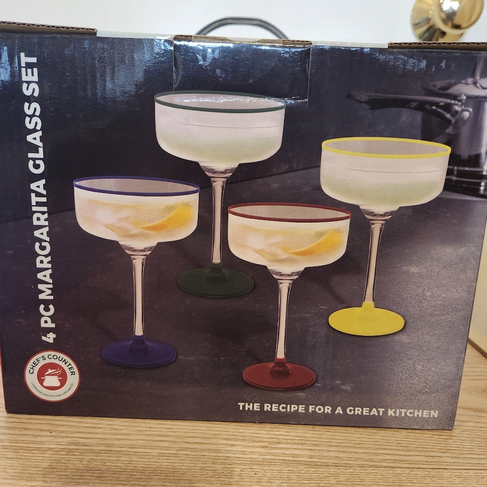 Chef's Counter NIB 4 PC Margarita Glass Set 16 oz Colored Rims & Bottoms